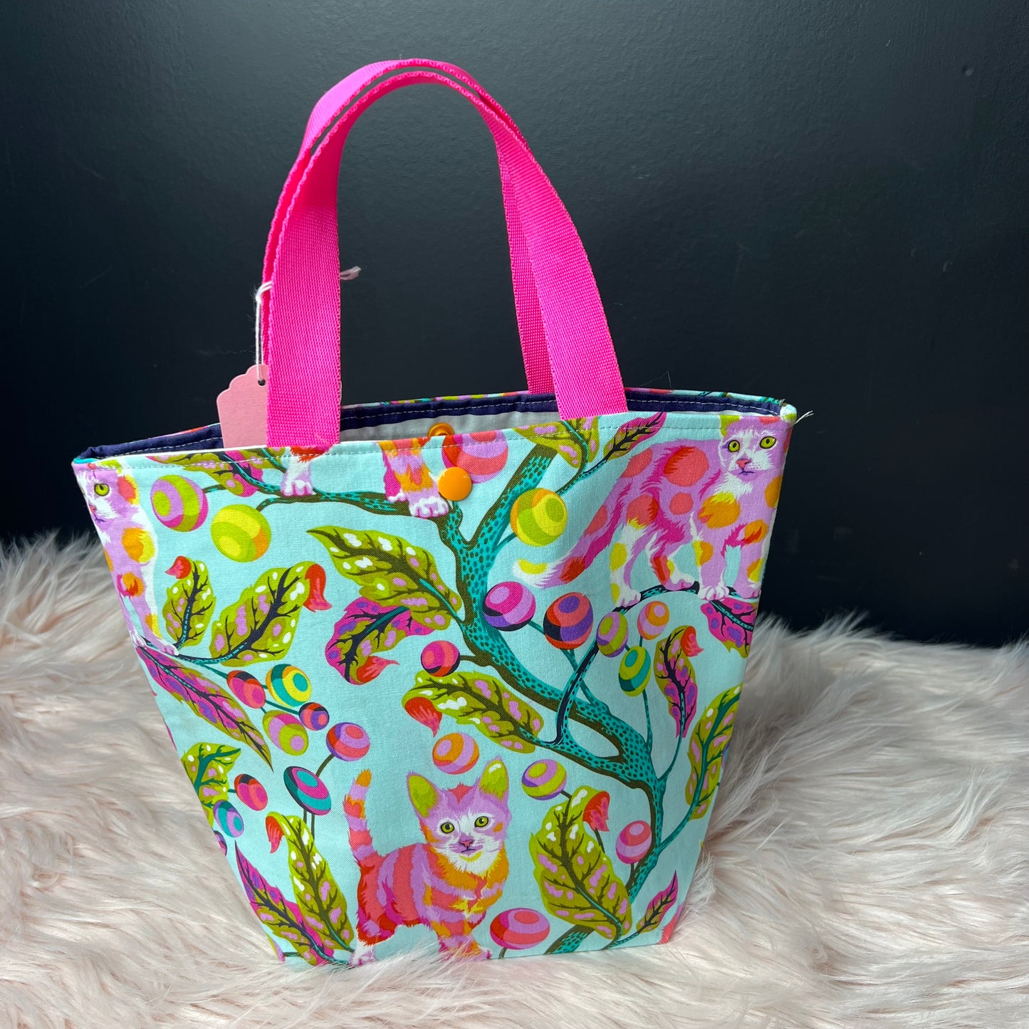 Kitten on Aqua Project Bag with Handles