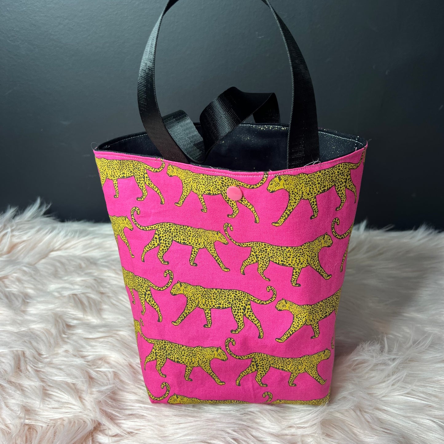 Pink Leopard Project Bag with Black Handles