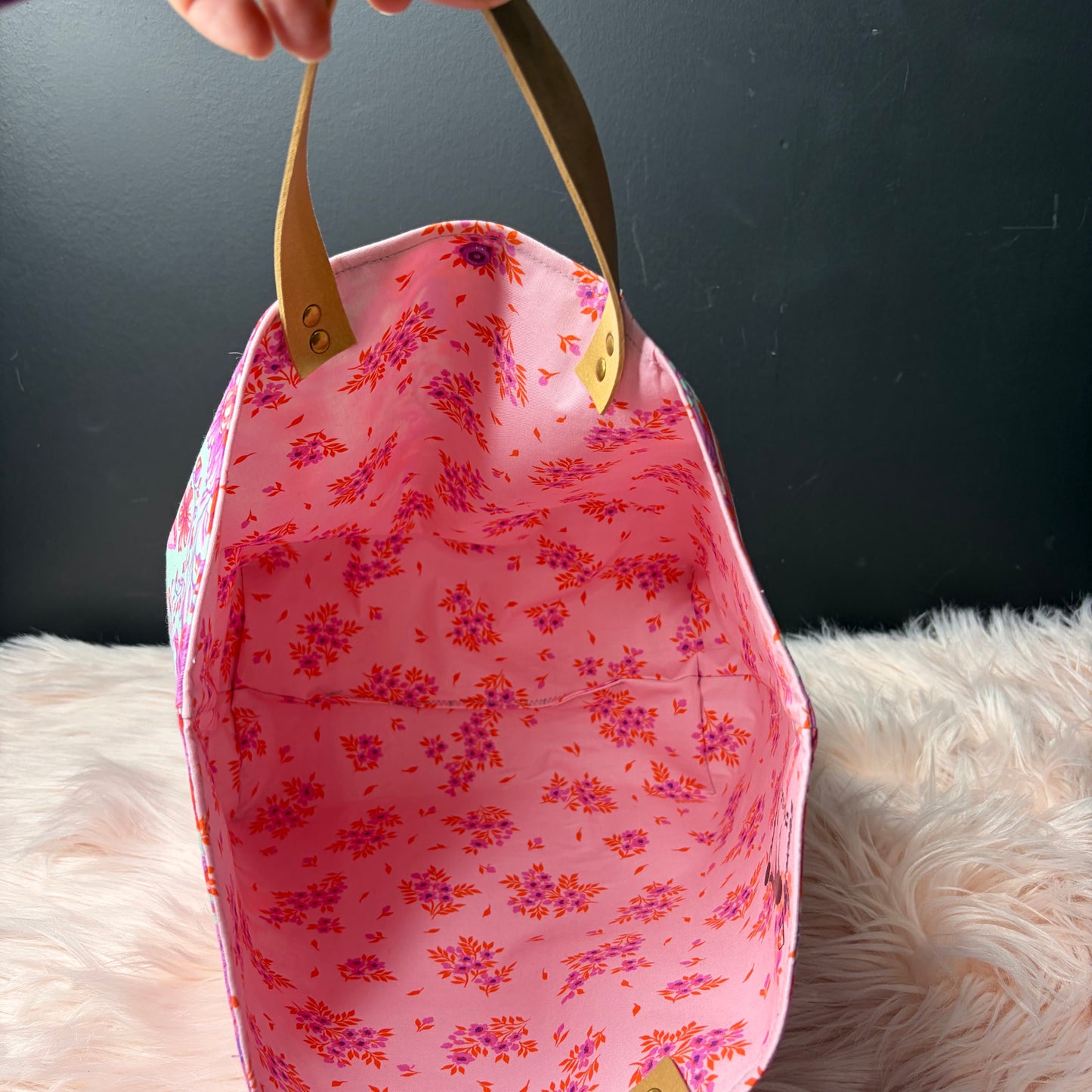 The Atelier Bag - Hoppy Go Lucky Blossom - Large Project Bag- Faux Leather Handles - Made To Order