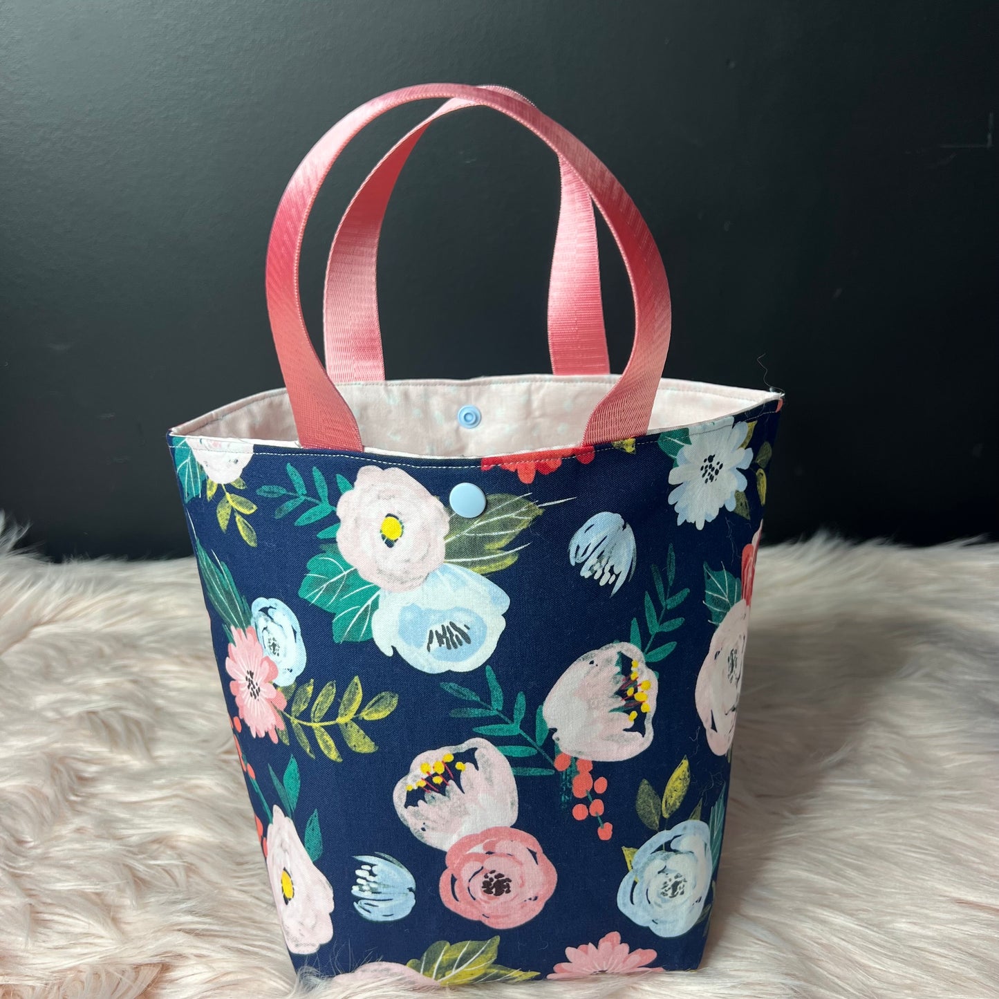 Navy Floral Project Bag with Pink Handles