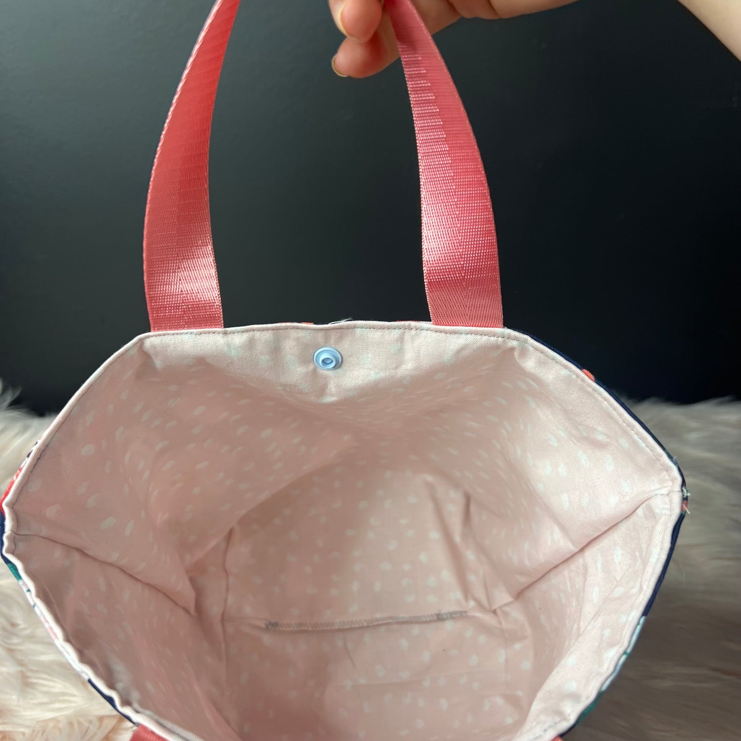 Navy Floral Project Bag with Pink Handles