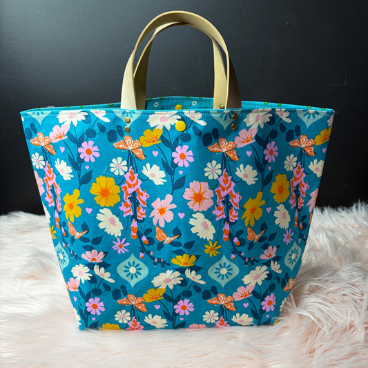 The Atelier Bag - Foxgloves Turquoise - Large Project Bag- Faux Leather Handles - Made To Order