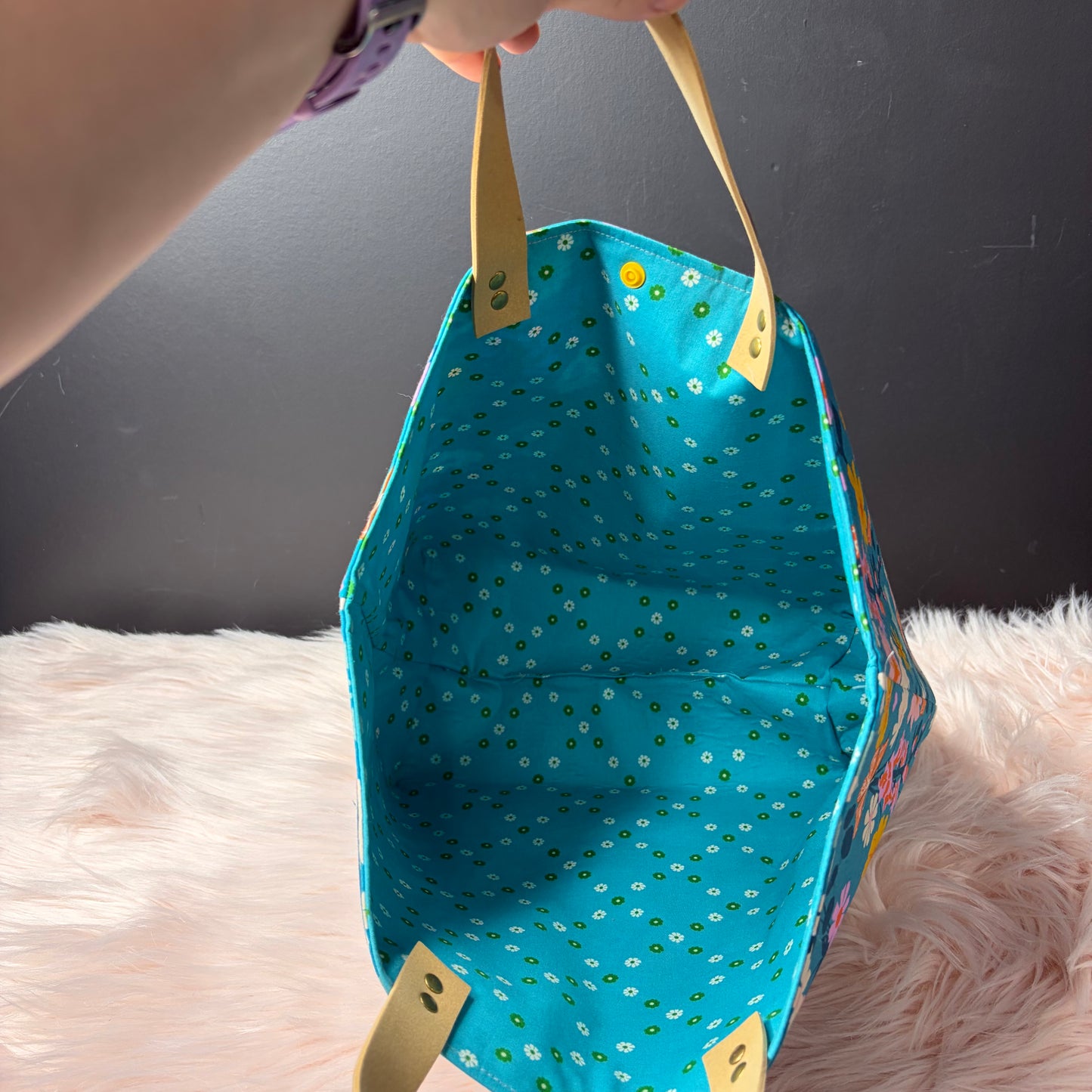 The Atelier Bag - Foxgloves Turquoise - Large Project Bag- Faux Leather Handles - Made To Order