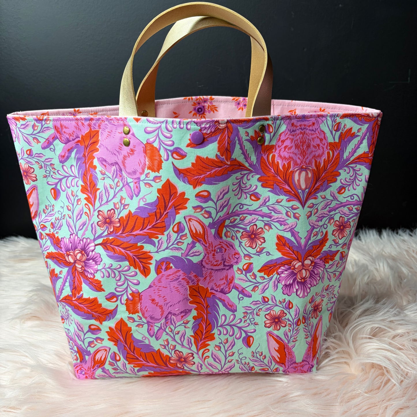 The Atelier Bag - Hoppy Go Lucky Blossom - Large Project Bag- Faux Leather Handles - Made To Order