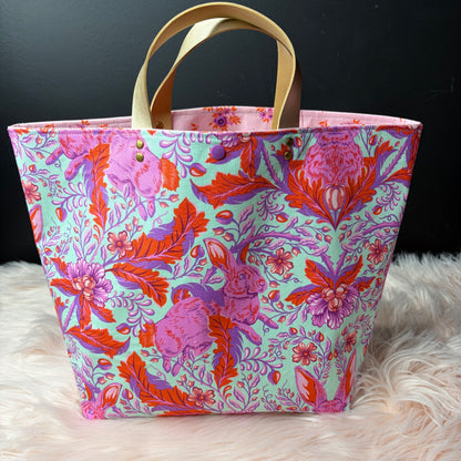 The Atelier Bag - Hoppy Go Lucky Blossom - Large Project Bag- Faux Leather Handles - Made To Order