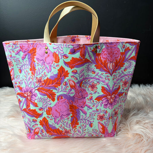 The Atelier Bag - Hoppy Go Lucky Blossom - Large Project Bag- Faux Leather Handles - Made To Order