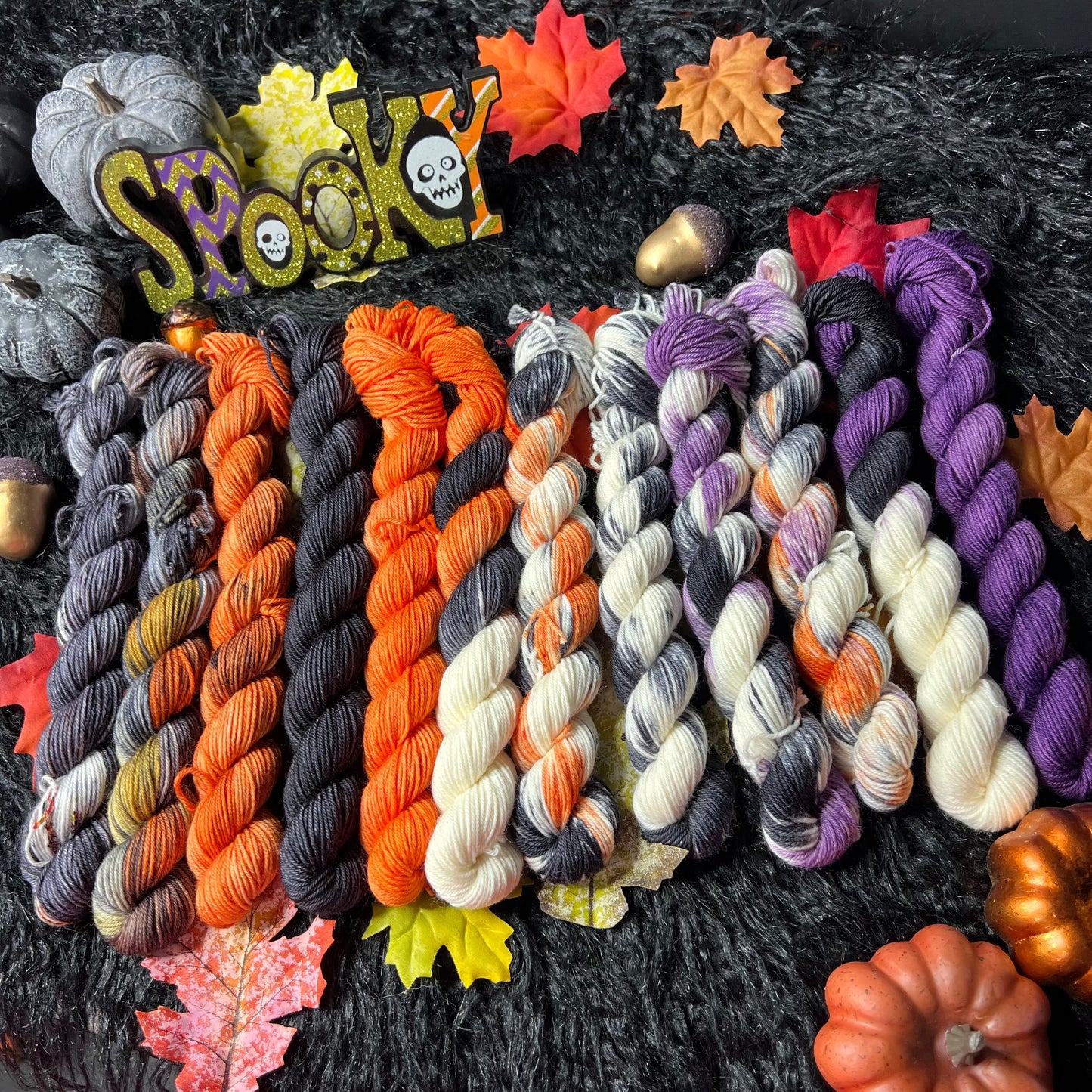 HauteKnitYarn Creepy Crawly Mini Skein Set Traditional Halloween colors